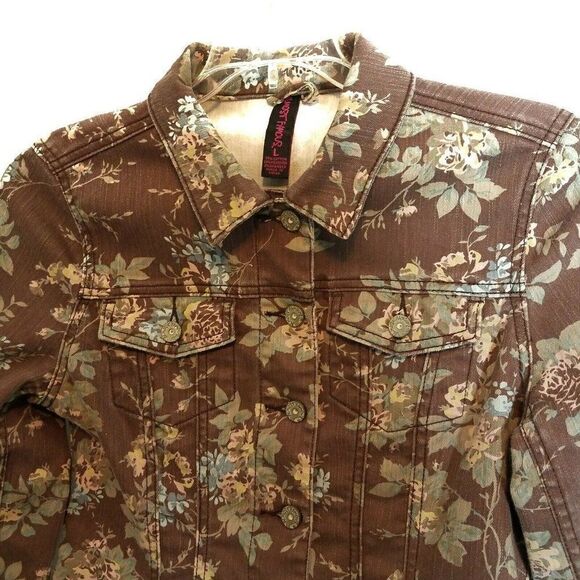 Almost Famous Brown Denim Floral Distressed Jean Jacket Girls Large - Picture 3 of 6